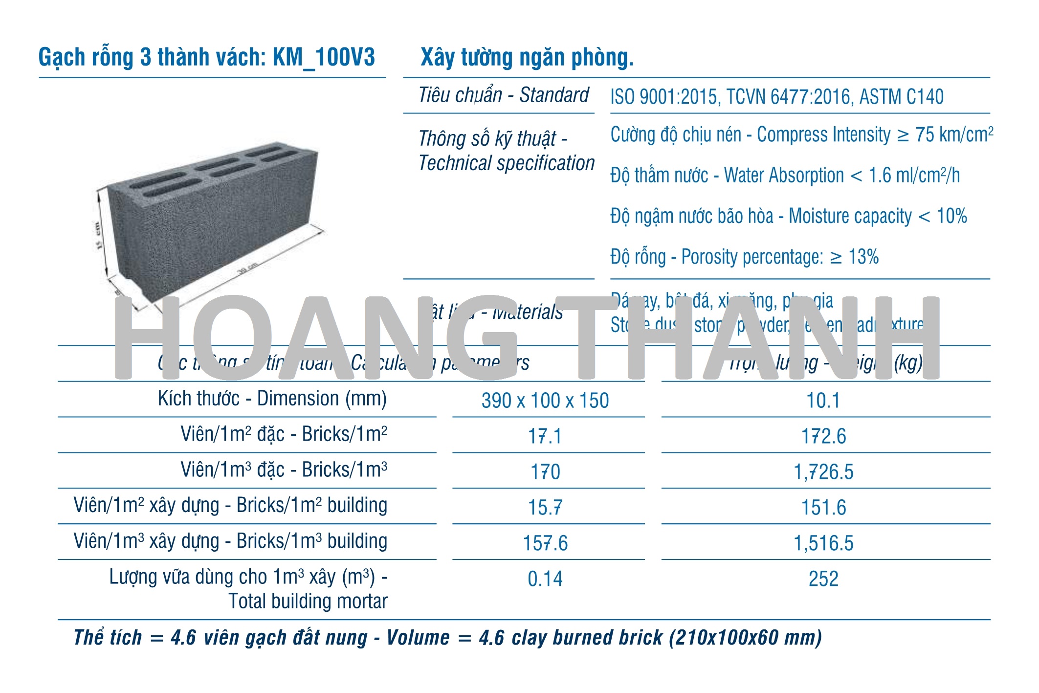 Gạch XMCL cao 150mm xây tường rỗng 150mm